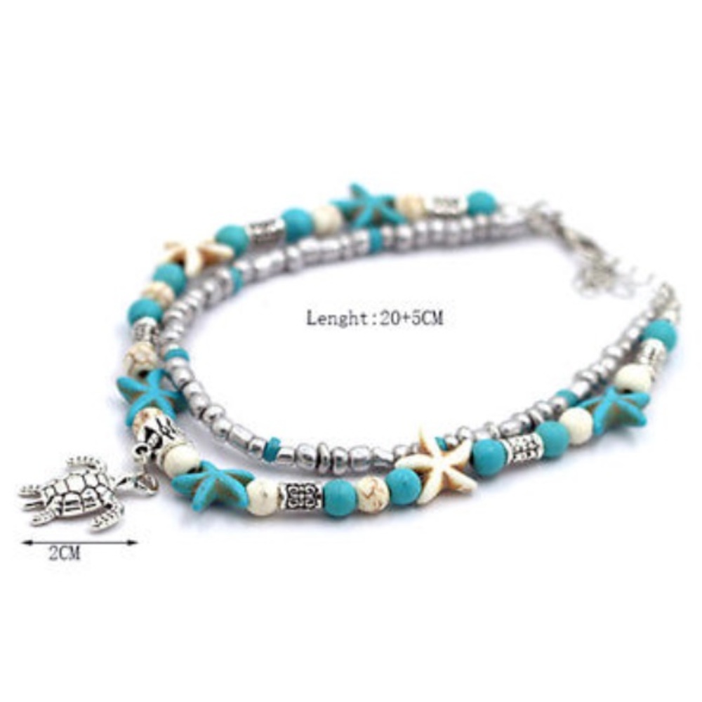 🏖 SILVER SEA TURTLE STARFISH BEAD ANKLET BRACELET - Picture 5 of 6